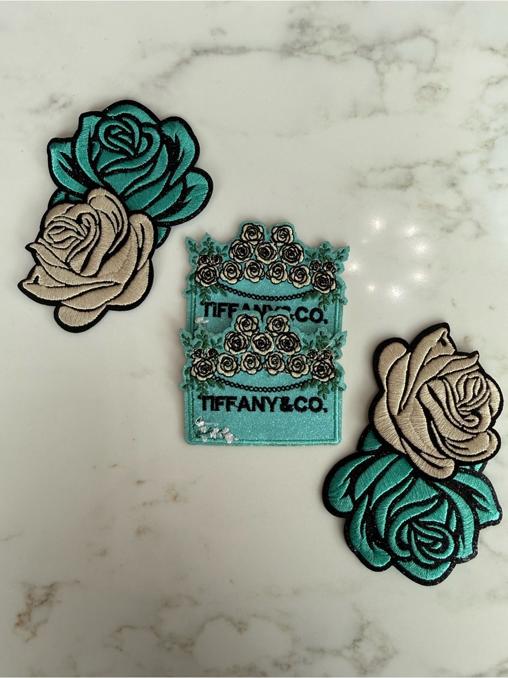 Hand Crafted Teal and Beige Rose Embroidered iron on patches